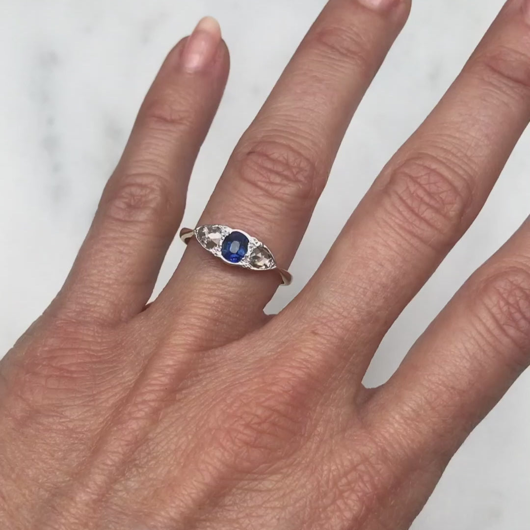 Bridget Antique Sapphire & Diamond Three Stone Engagement Ring