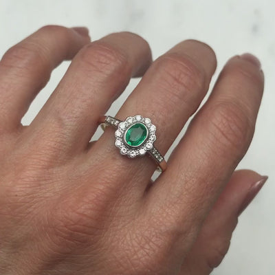 Clara vintage emerald and diamond cluster engagement ring