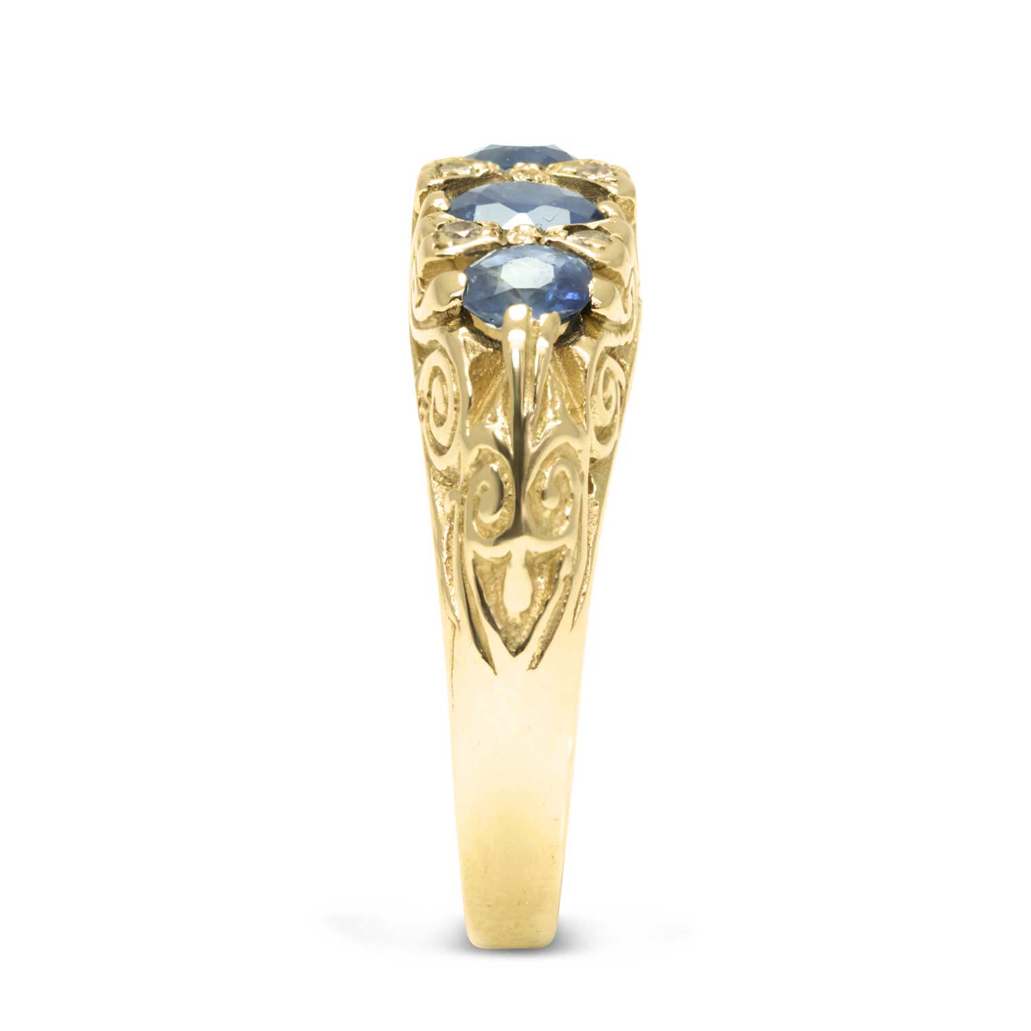 Ada vintage style three stone sapphire engagement ring side view 2