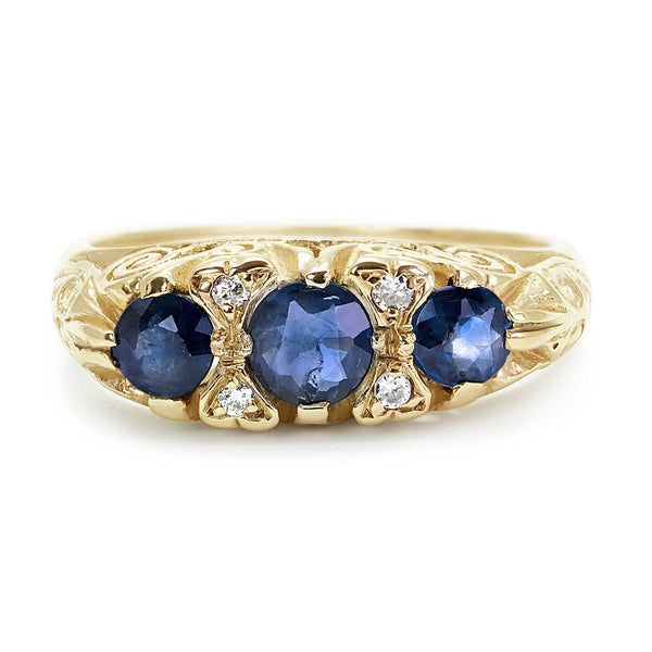 Ada vintage style three stone sapphire engagement ring