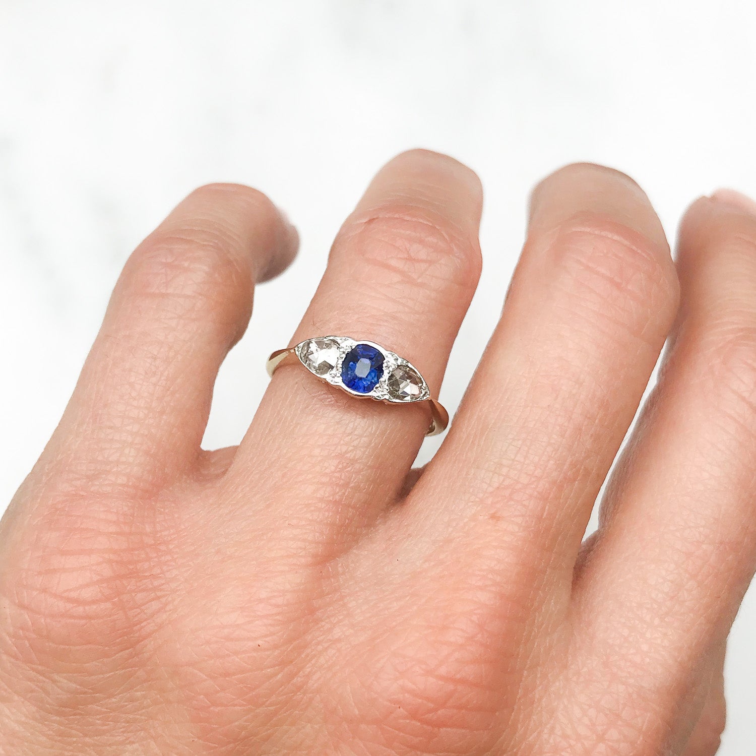Bridget Antique Sapphire & Diamond Three Stone Engagement Ring