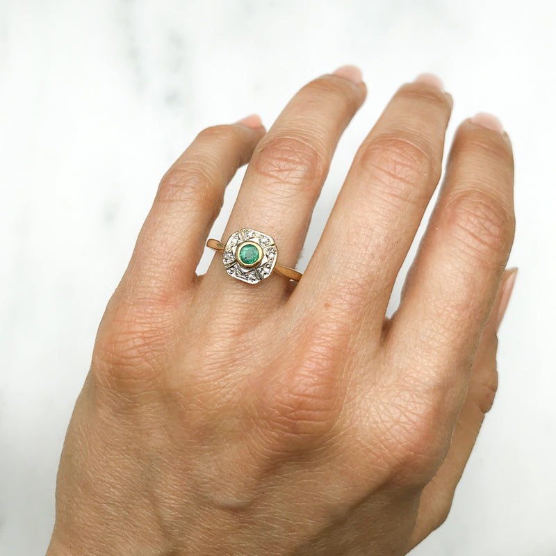 Celeste emerald and diamond cluster engagement ring