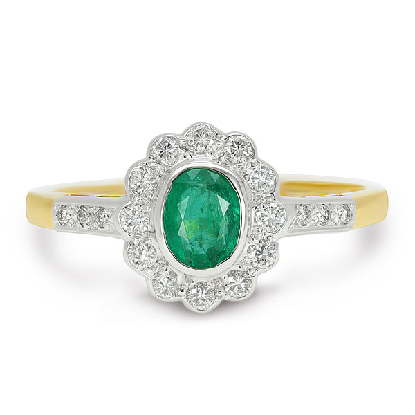 Clara vintage emerald and diamond cluster engagement ring