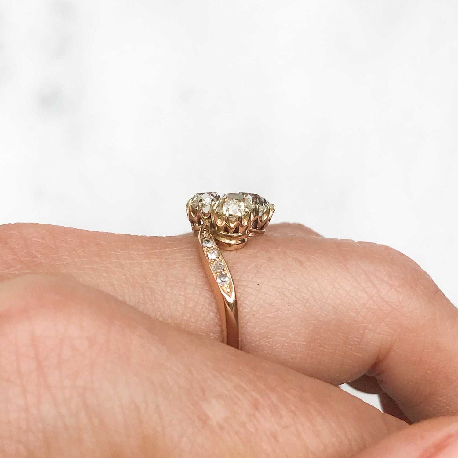 Clover Antique Edwardian Three Stone Diamond Engagement Ring