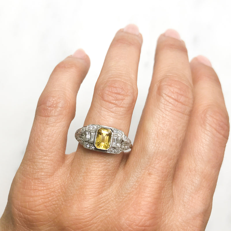 Coco Art Deco style yellow sapphire and diamond ring