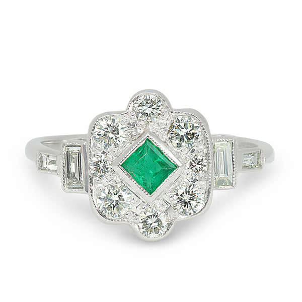 Darcy vintage emerald and diamond cluster engagement ring