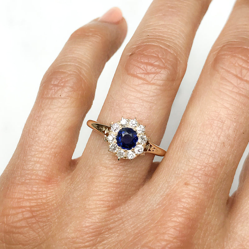 Flora antique Victorian sapphire and diamond cluster engagement ring