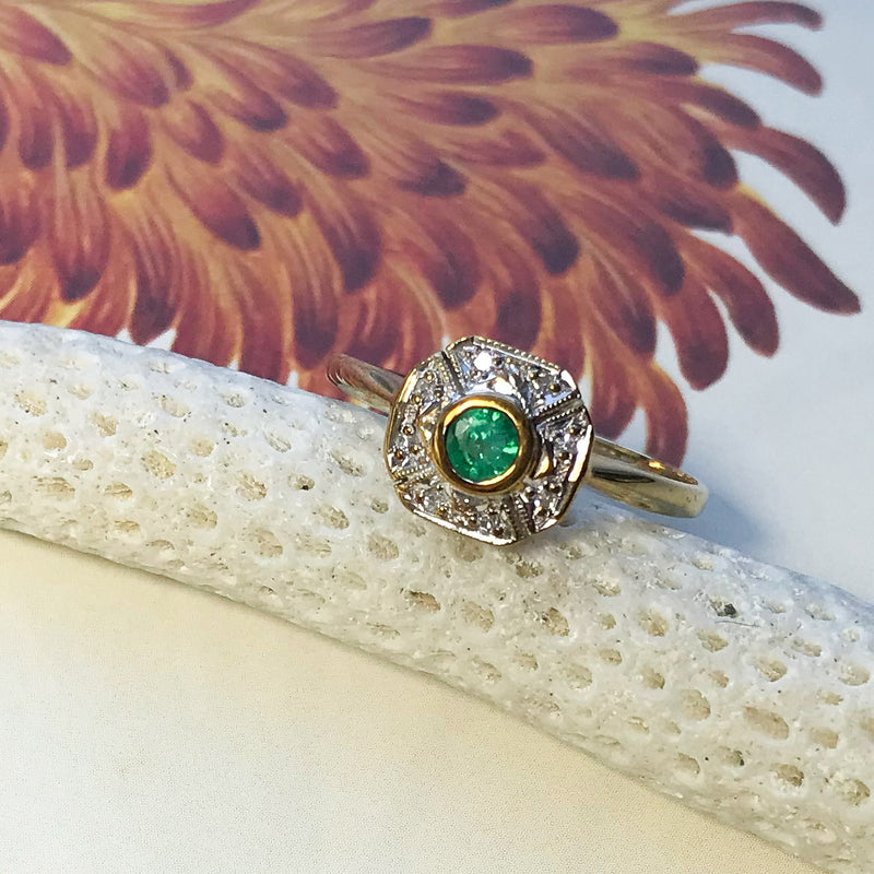 Celeste emerald and diamond cluster engagement ring