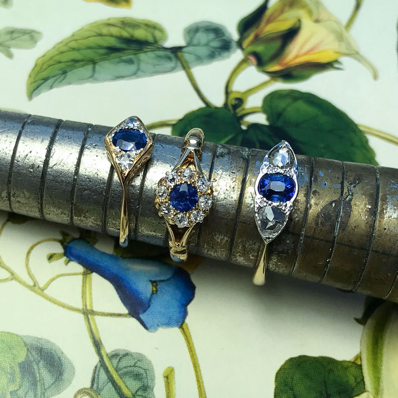 Bridget Antique Sapphire & Diamond Three Stone Engagement Ring
