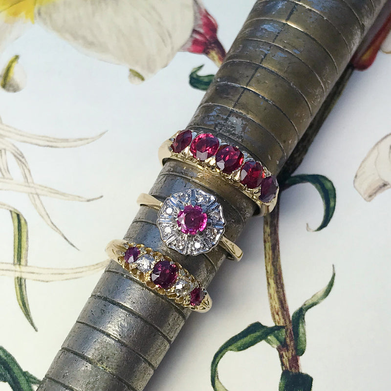 Martha antique ruby and diamond cluster engagement ring