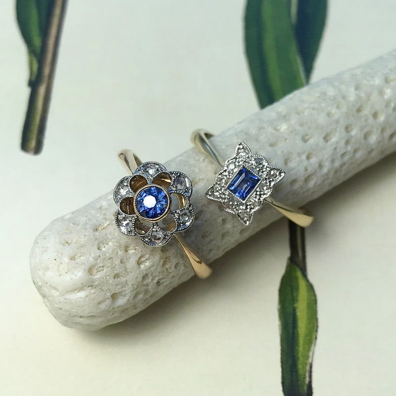 Marguerite antique sapphire and diamond floral cluster ring