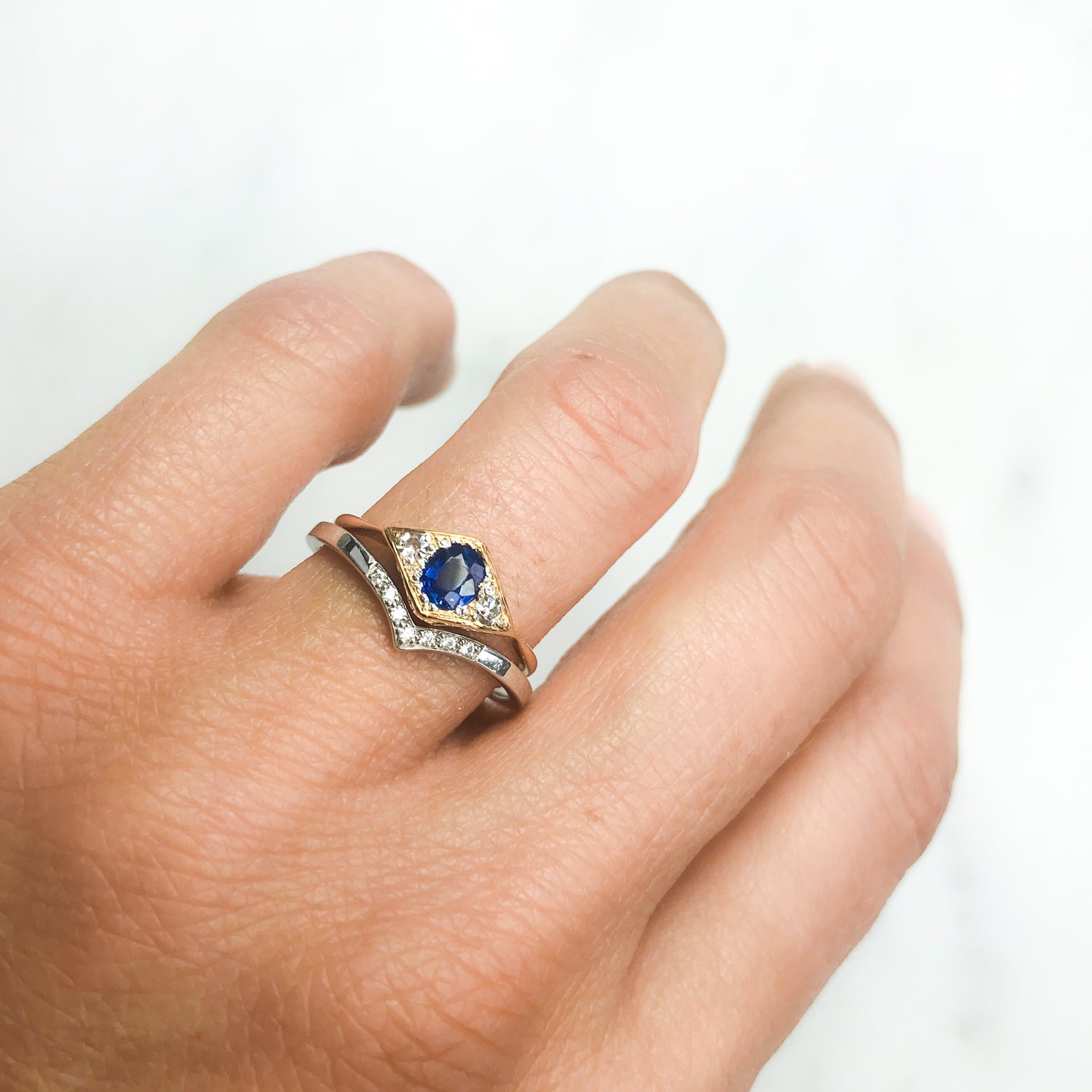 Maggie Art Deco three stone sapphire and diamond ring
