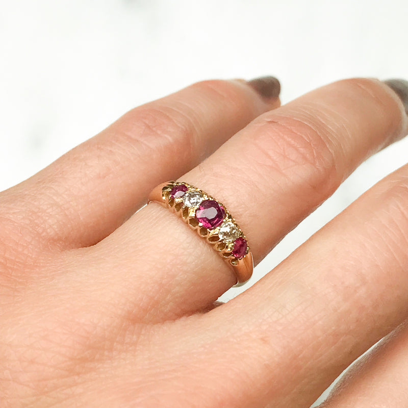 Lola antique Edwardian five stone ruby and diamond engagement ring