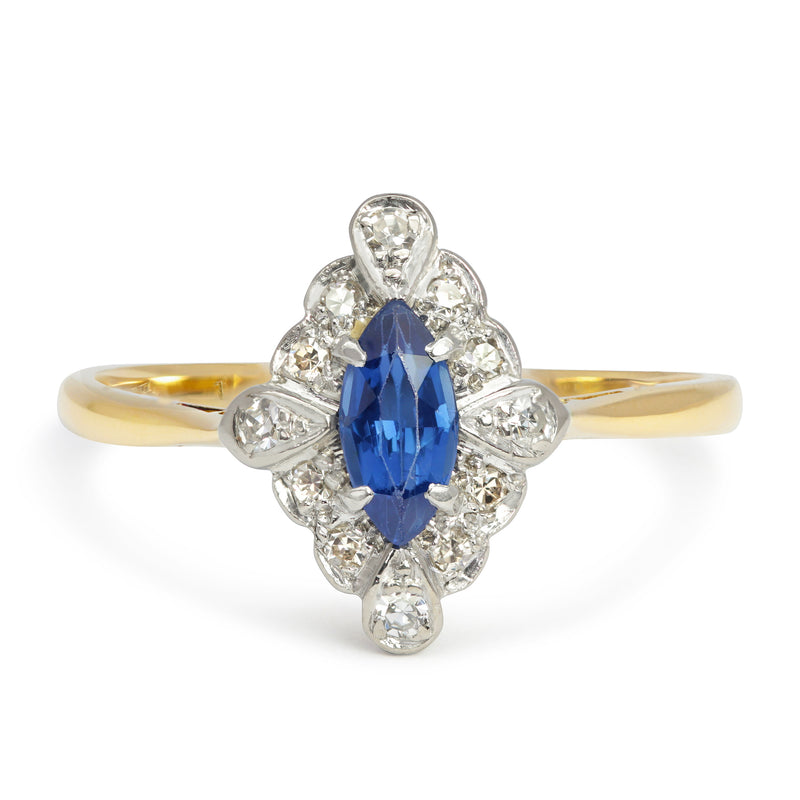 Lucinda vintage mid-century marquise cut sapphire and diamond ring