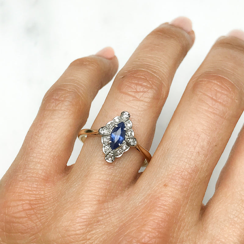 Lucinda vintage mid-century marquise cut sapphire and diamond ring