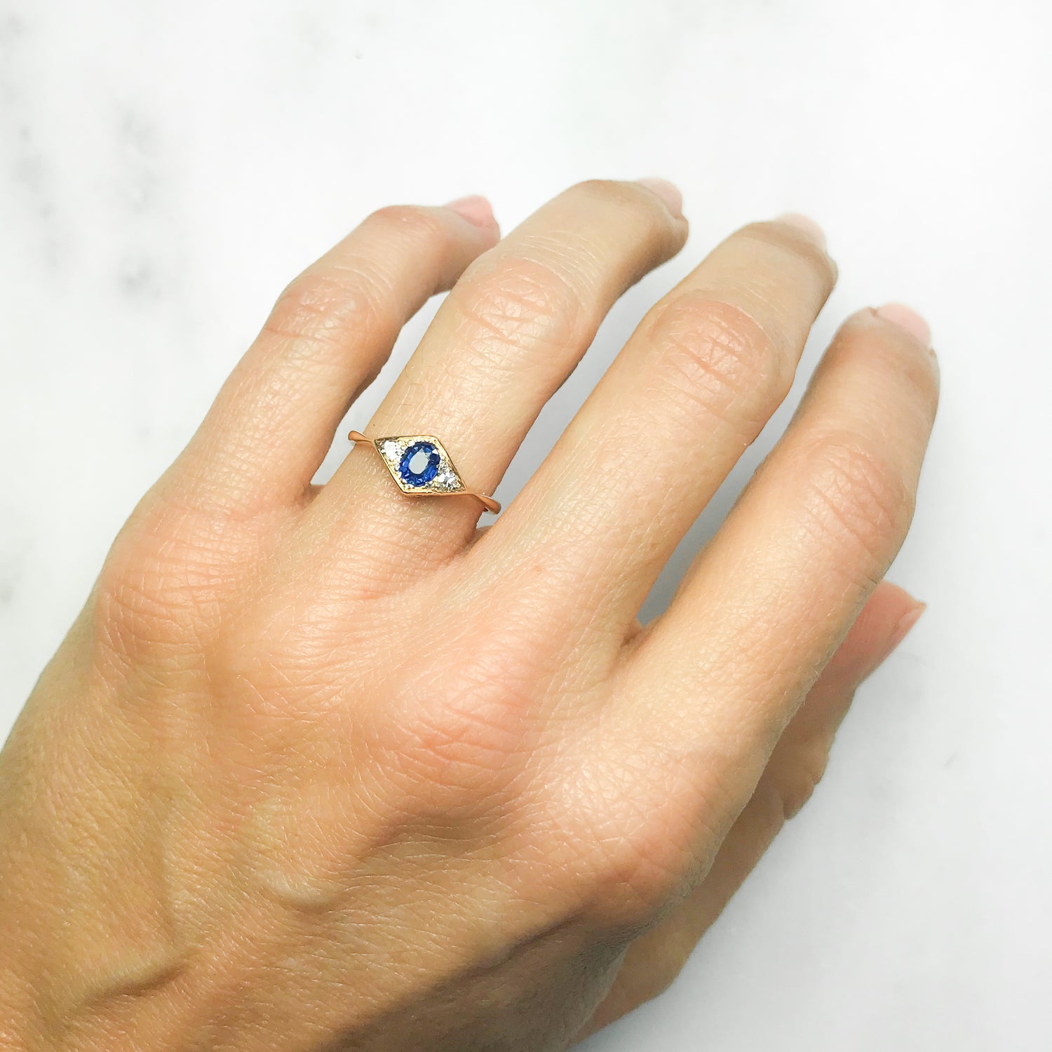Maggie Art Deco three stone sapphire and diamond ring