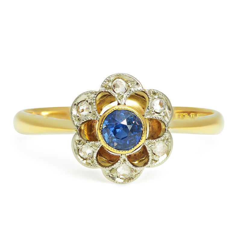 Marguerite antique sapphire and diamond floral cluster ring