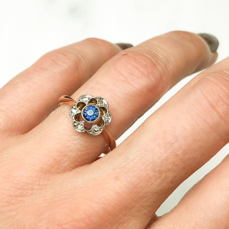 Marguerite antique sapphire and diamond floral cluster ring