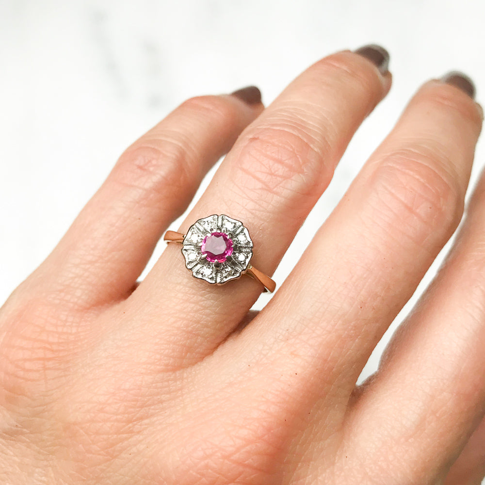 Martha antique ruby & diamond cluster engagement ring