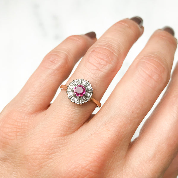 Martha antique ruby and diamond cluster engagement ring