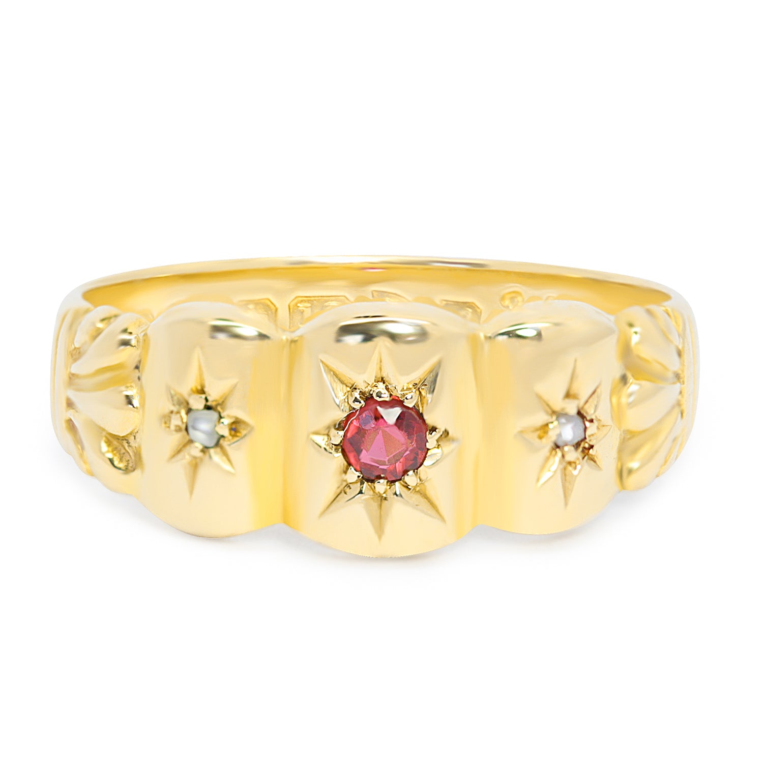 Peggy ruby and diamond Edwardian three stone ring