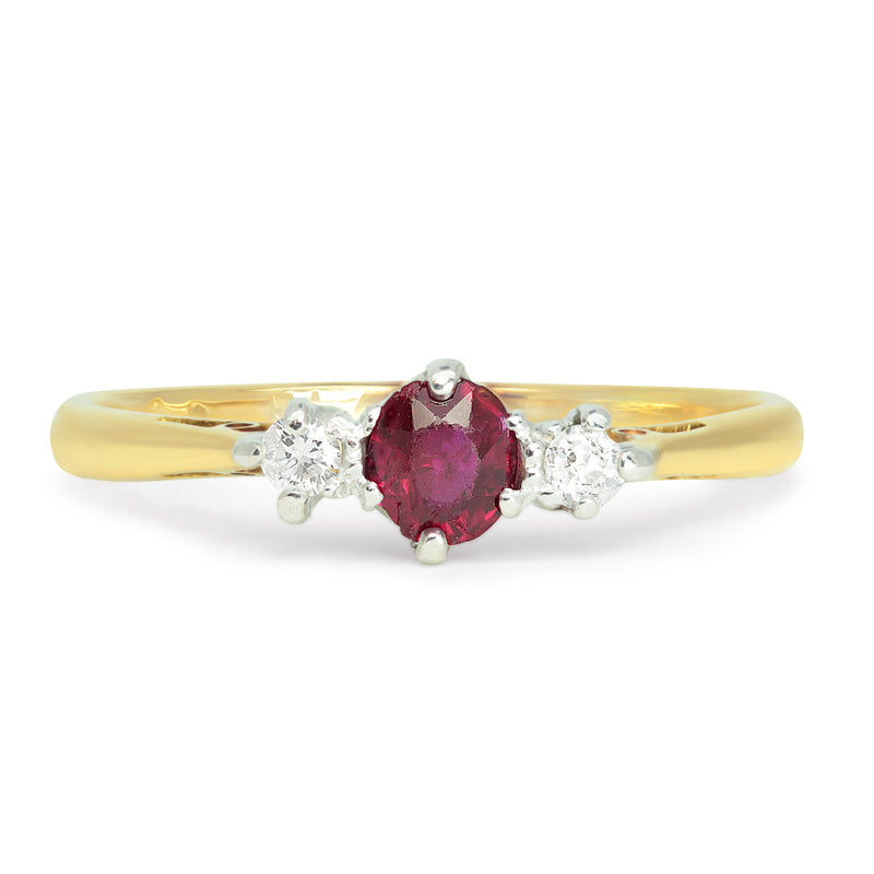 Poppy antique ruby and diamond three stone engagement ring