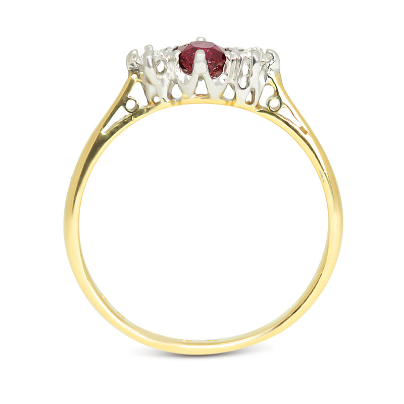 Poppy antique ruby and diamond three stone engagement ring