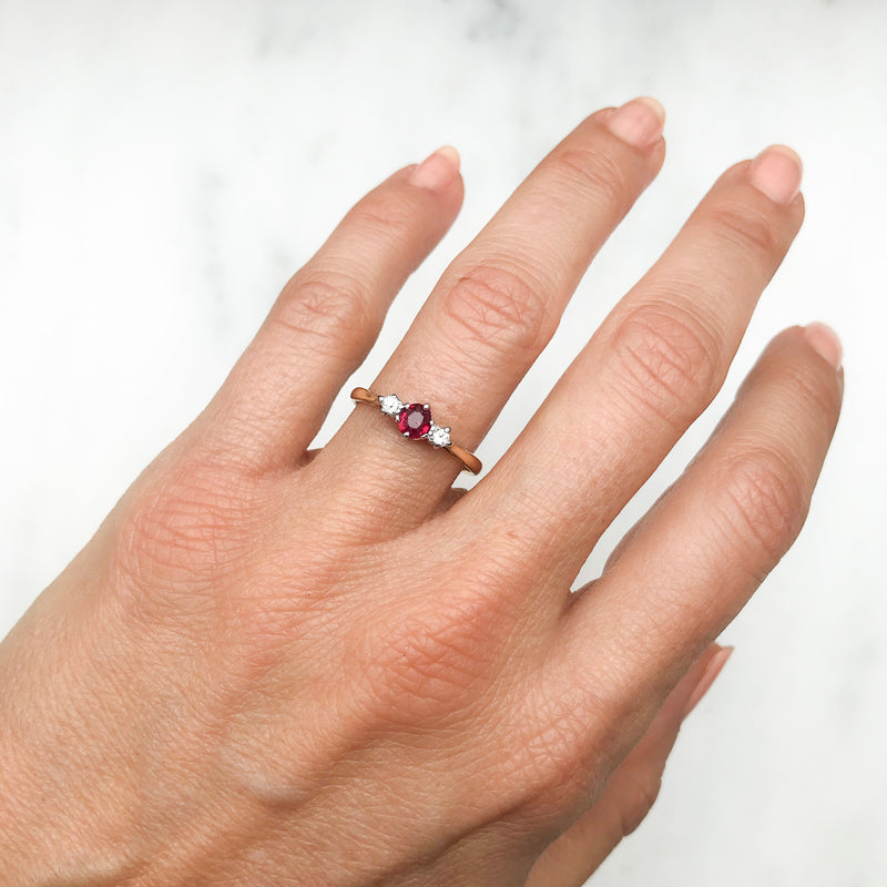 Poppy antique ruby and diamond three stone engagement ring