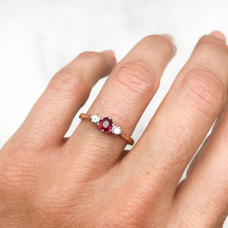 Poppy antique ruby and diamond three stone engagement ring