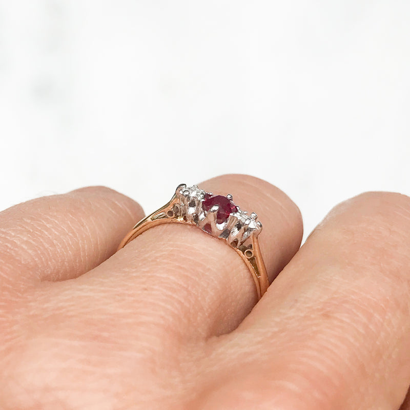 Poppy antique ruby and diamond three stone engagement ring