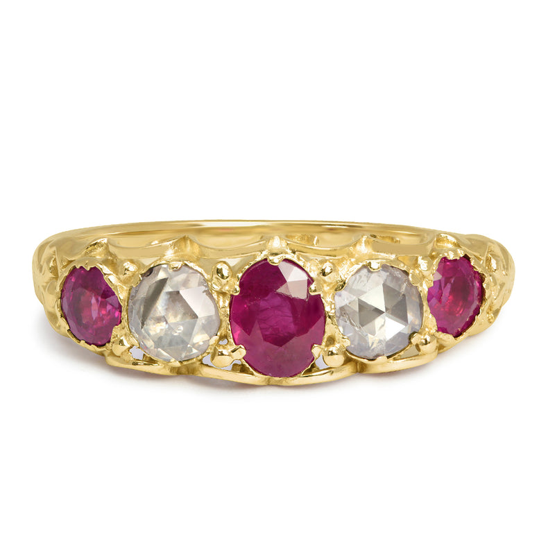 Sophia early 20th century antique ruby and diamond five stone engagement ring
