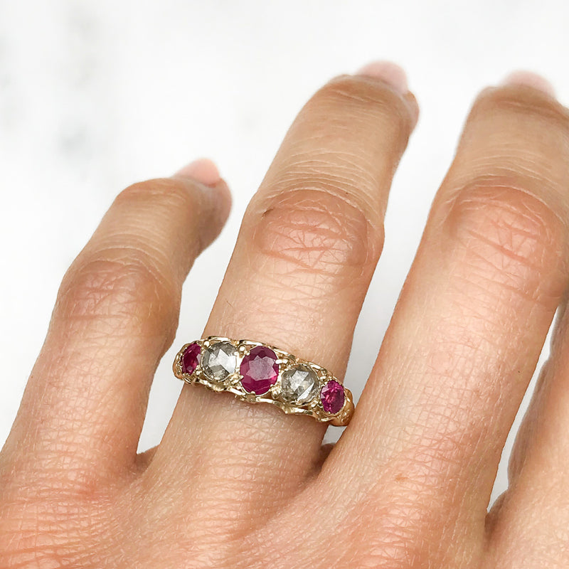 Sophia early 20th century antique ruby and diamond five stone engagement ring