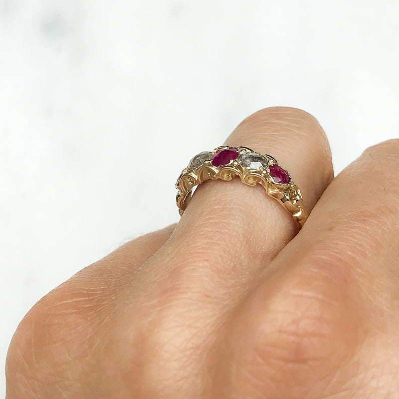Sophia early 20th century antique ruby and diamond five stone engagement ring