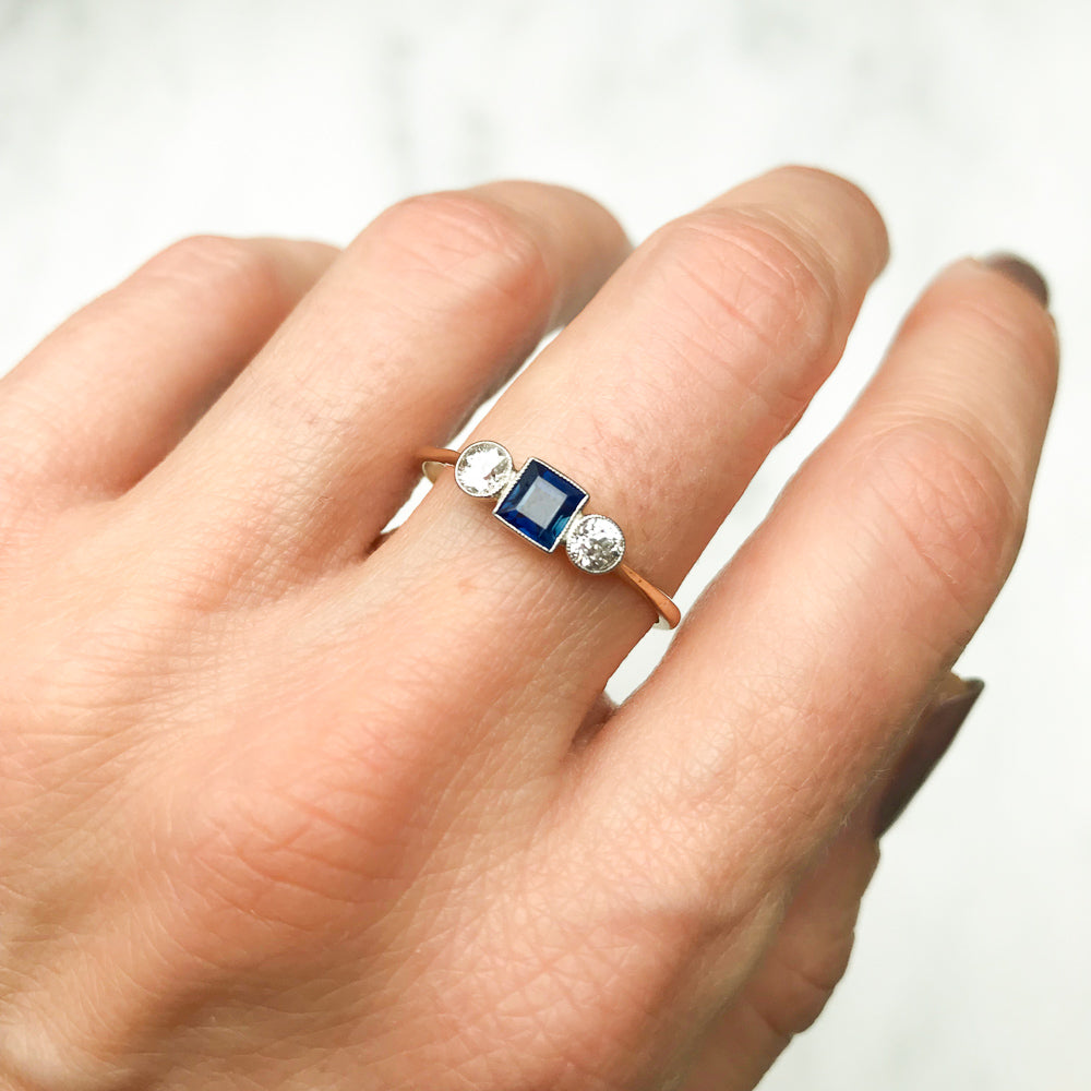 Sylvie antique sapphire and diamond trilogy engagement ring