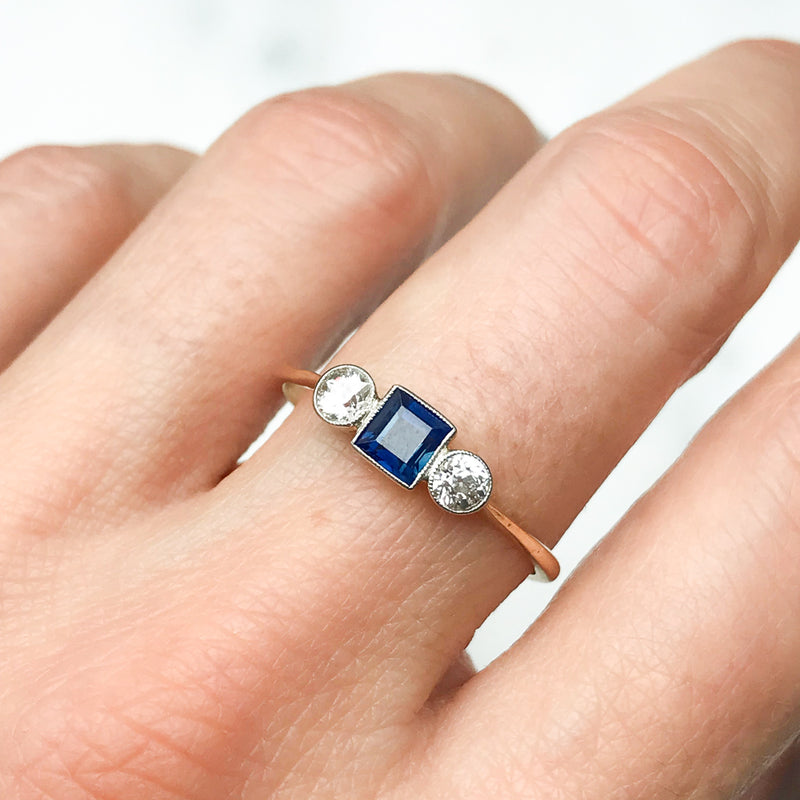 Sylvie antique sapphire and diamond trilogy engagement ring