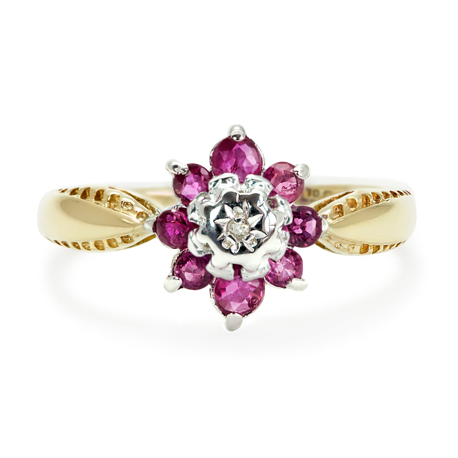 Audrey vintage style ruby and diamond cluster ring