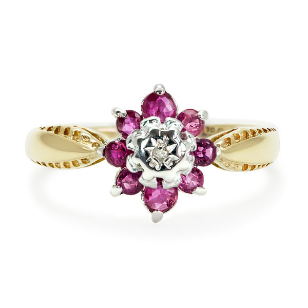 Audrey vintage style ruby and diamond cluster ring