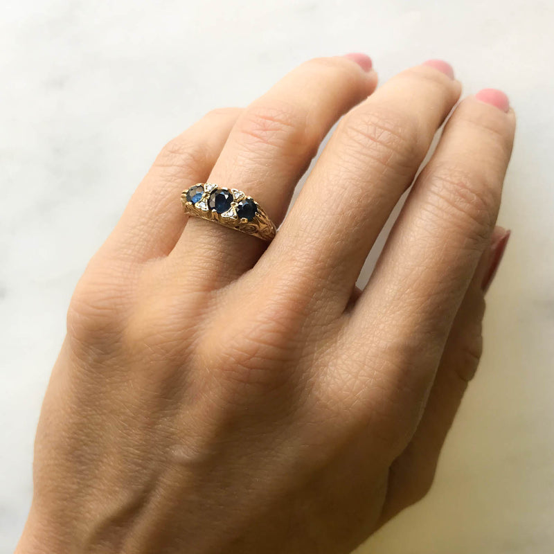 Ada vintage style three stone sapphire engagement ring