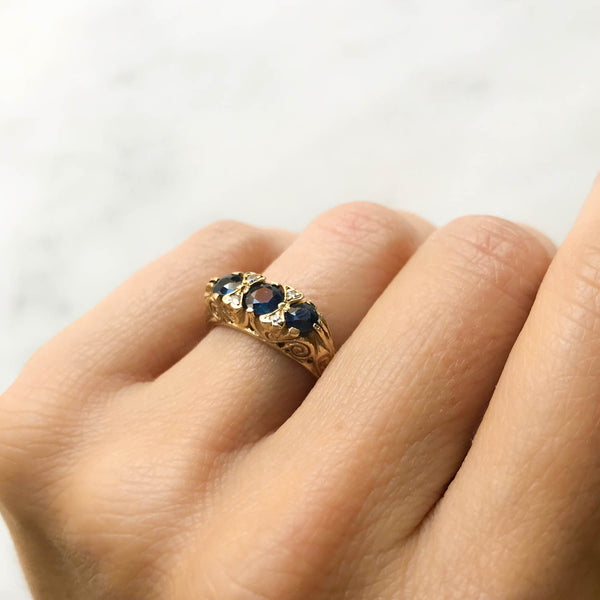 Ada vintage style three stone sapphire engagement ring