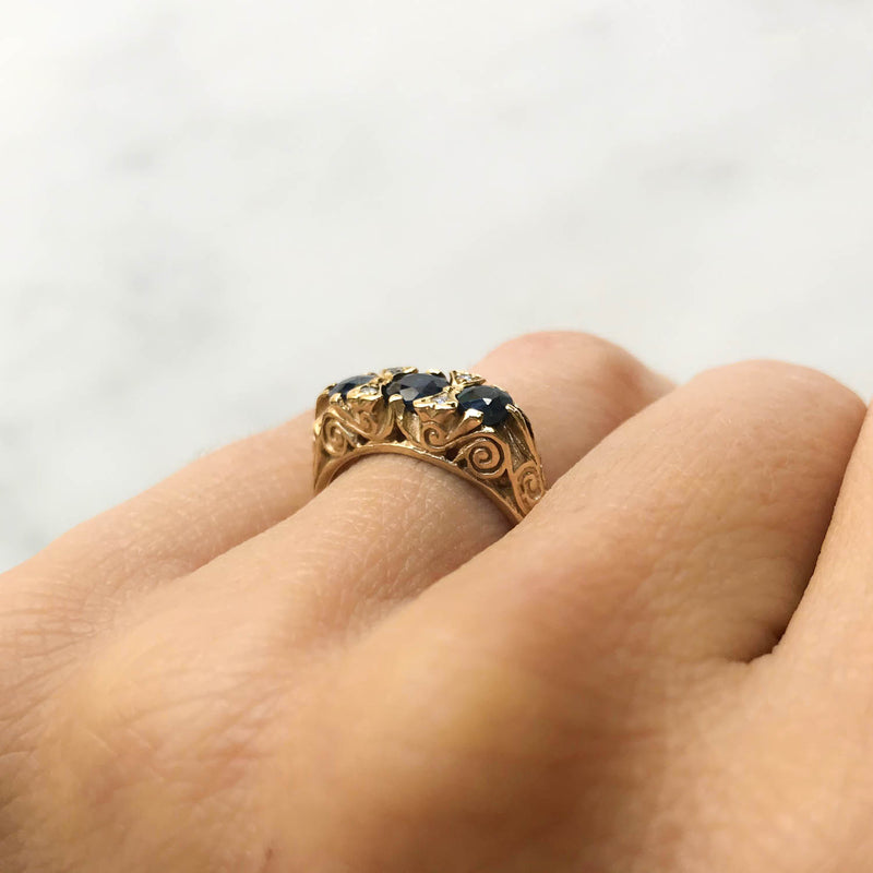 Ada vintage style three stone sapphire engagement ring