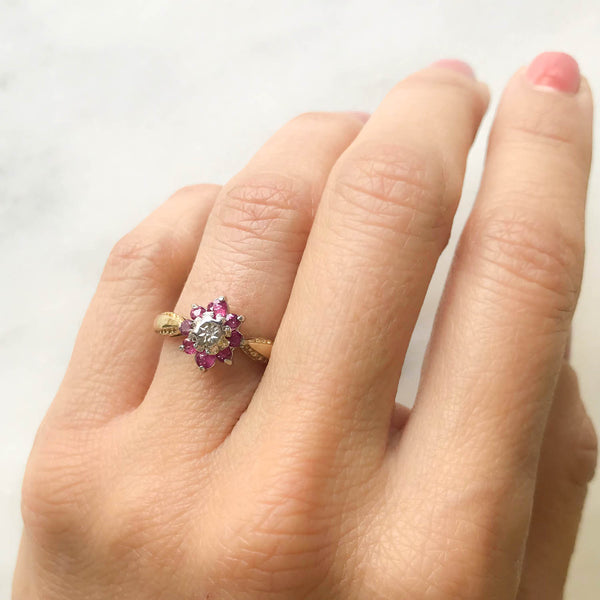 Audrey vintage style ruby and diamond cluster ring