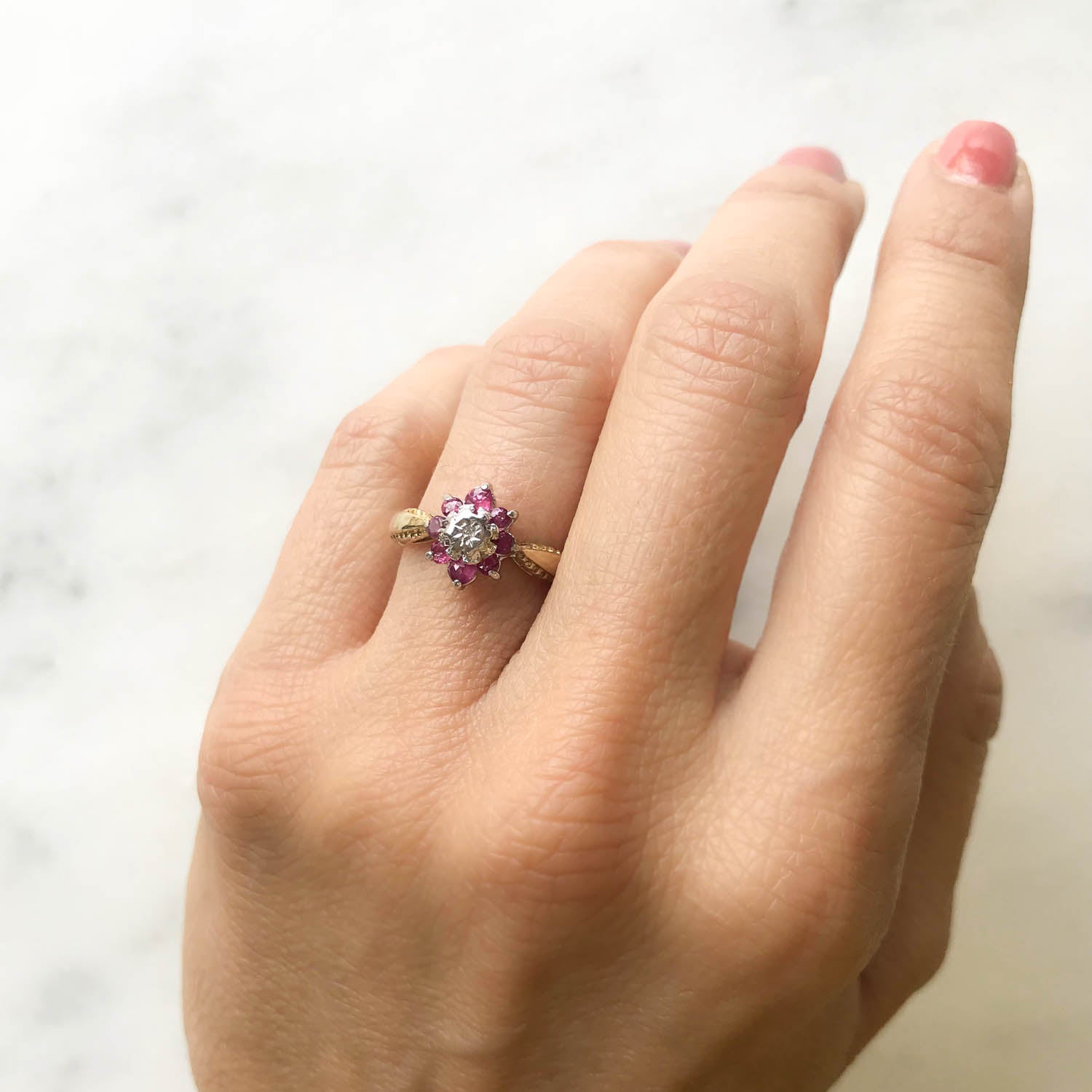 Audrey vintage style ruby and diamond cluster ring