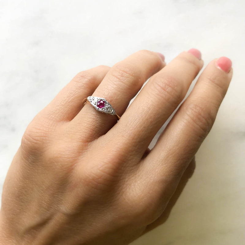 Ava ruby and diamond Edwardian engagement ring