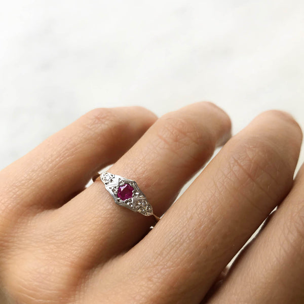 Ava ruby and diamond Edwardian engagement ring