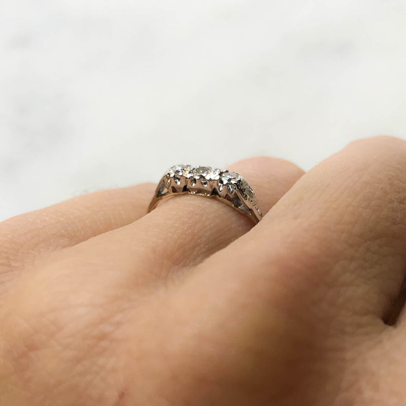 Dorothy three stone diamond mid-century engagement ring