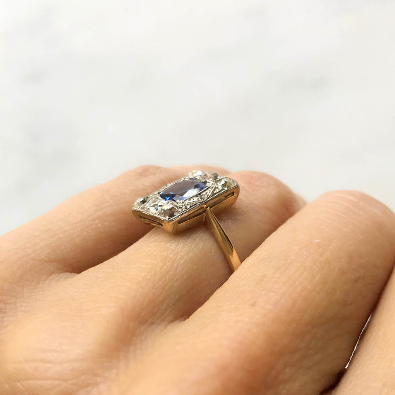 Edie sapphire and diamond Edwardian engagement ring