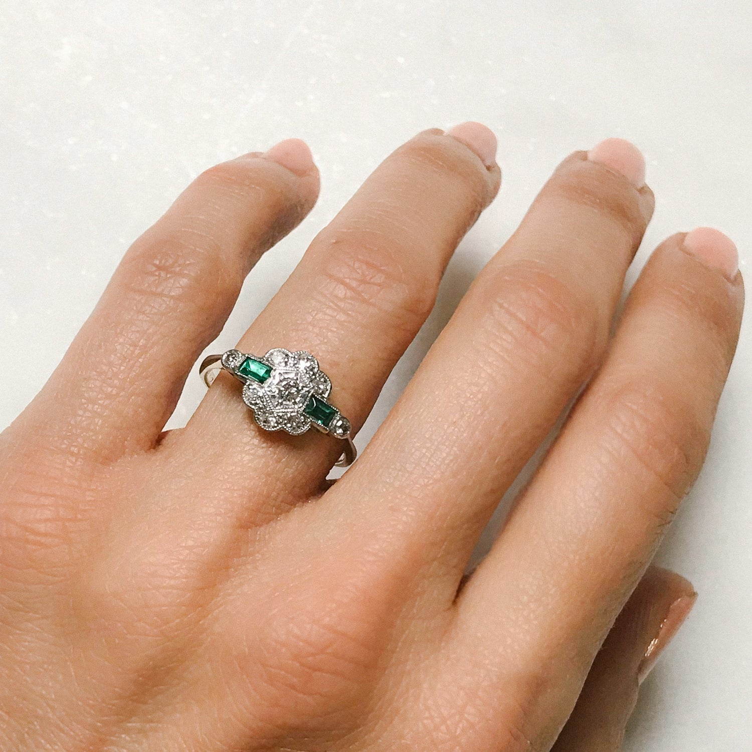 Etta emerald and diamond Art Deco engagement ring