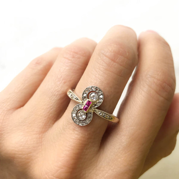 Violette ruby and diamond Edwardian engagement ring