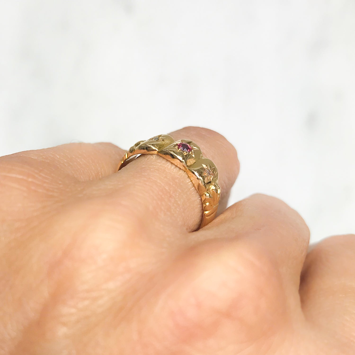 Peggy ruby and diamond Edwardian three stone ring