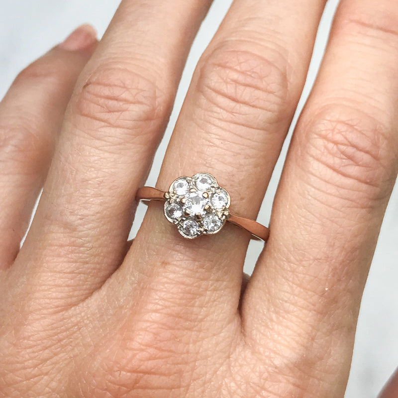 Anna vintage white sapphire daisy engagement ring